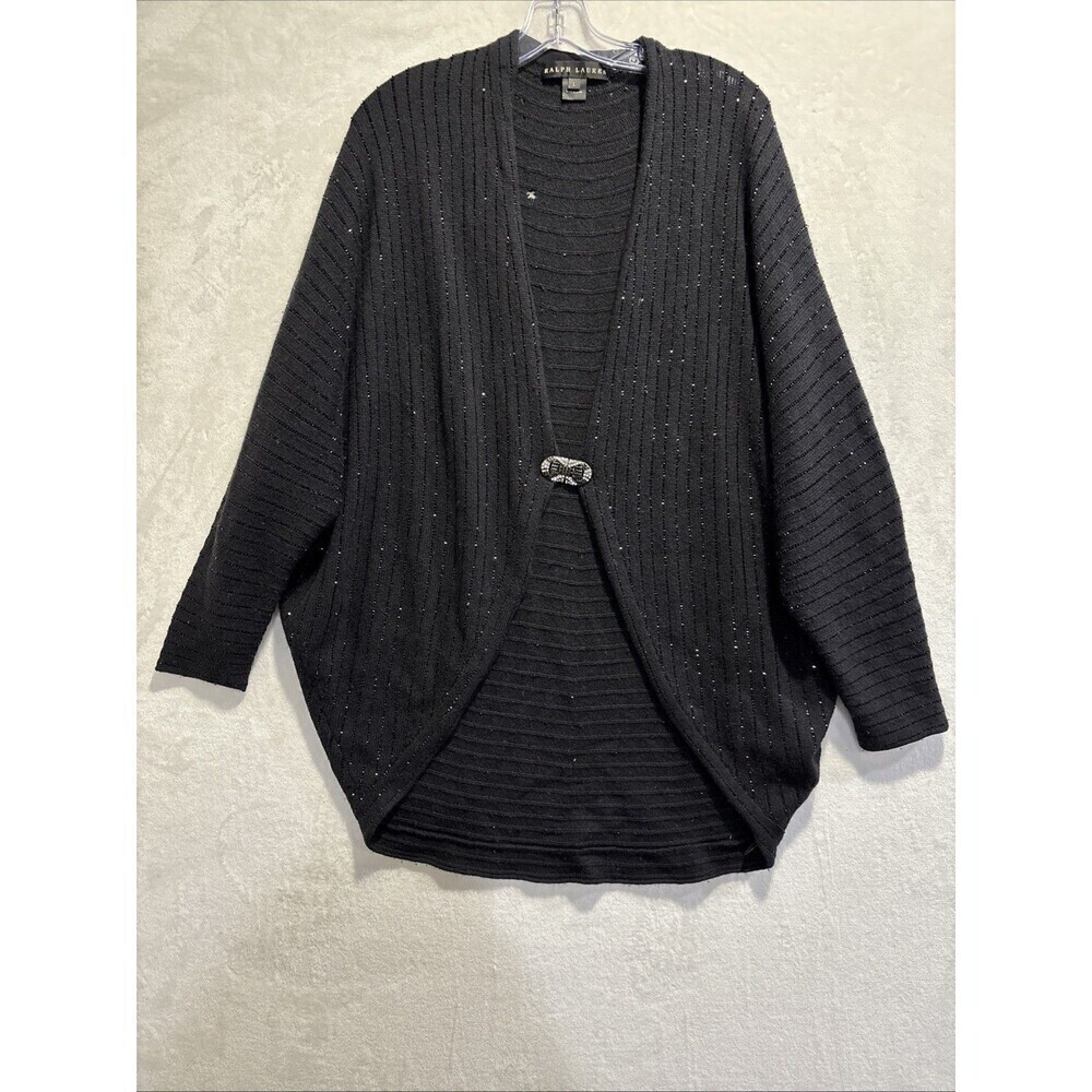 Ralph Lauren Black Label Cardigan Beaded Sweater Art Deco Clasp Women's Large